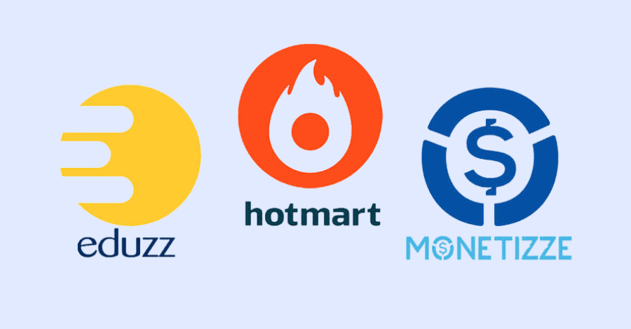 Escolher um bom programa de afiliados é um passo fundamental na jornada de quem quer iniciar no marketing de afiliados (imagem com as logos da hotmart, Eduzz e Monetizze).